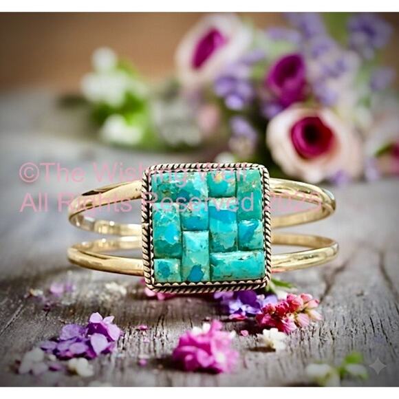 Kingman Turquoise | Grid Inlay Mosaic Square | Cuff Bracelet Size 6-8 - Picture 1 of 5